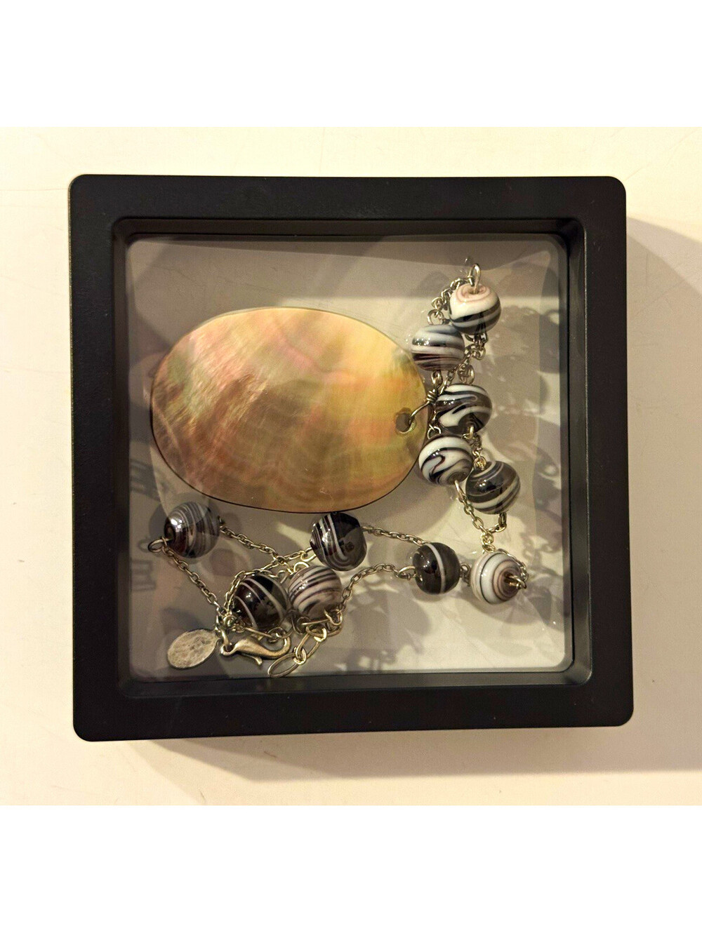 Bonnie J Mother of Pearl Shell Pendant Necklace Black White Glass Beads Signed